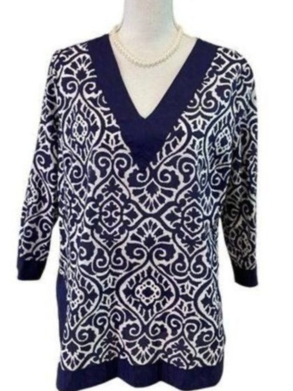 Caribbean Joe Island Supply Co Blue White V-Neck 100% Cotton Blouse Size Large